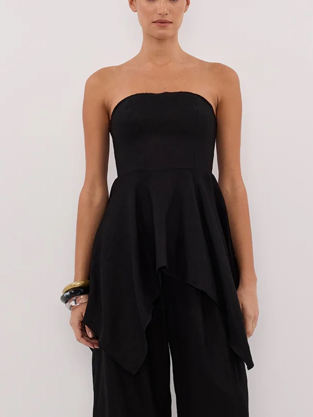 DISSH Black Strapless Asymmetrical Hem Handkerchief Top
